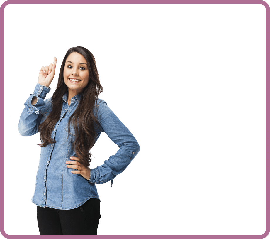 happy young woman pointing up